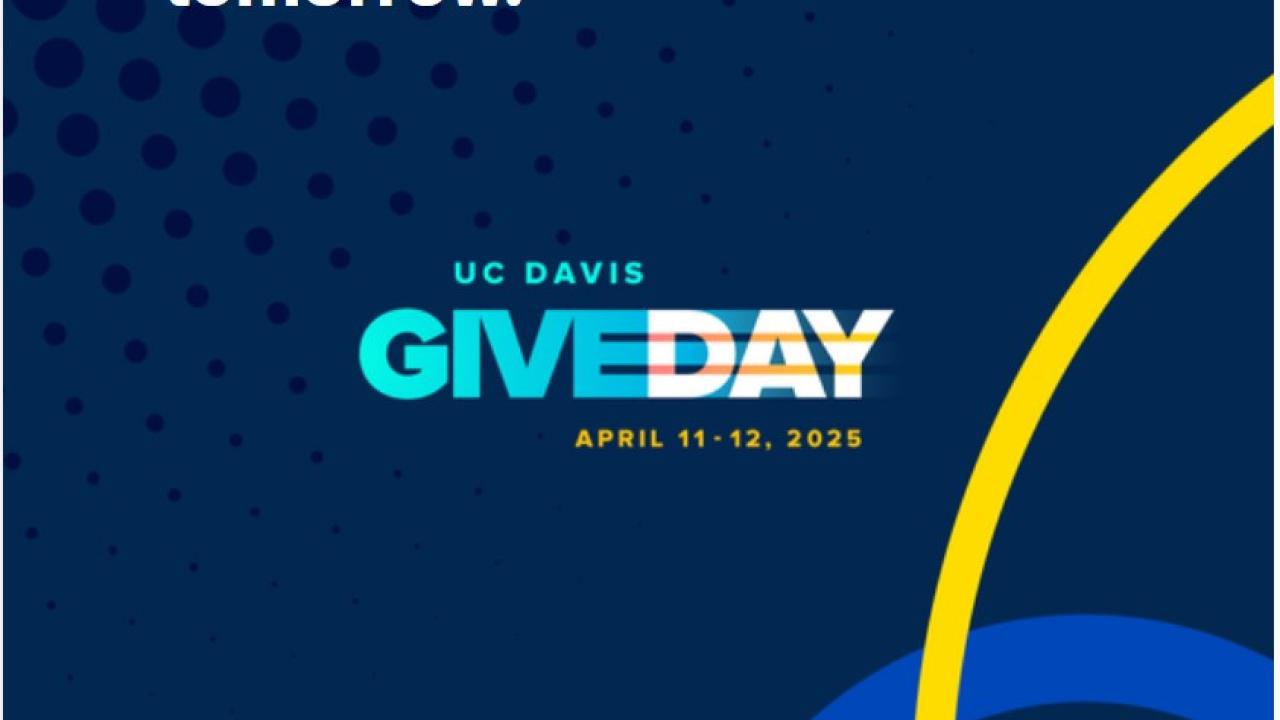 Blue Background with text reading "Give Today. Transform tomorrow." and "UC Davis Give Day April 11-12, 2025".